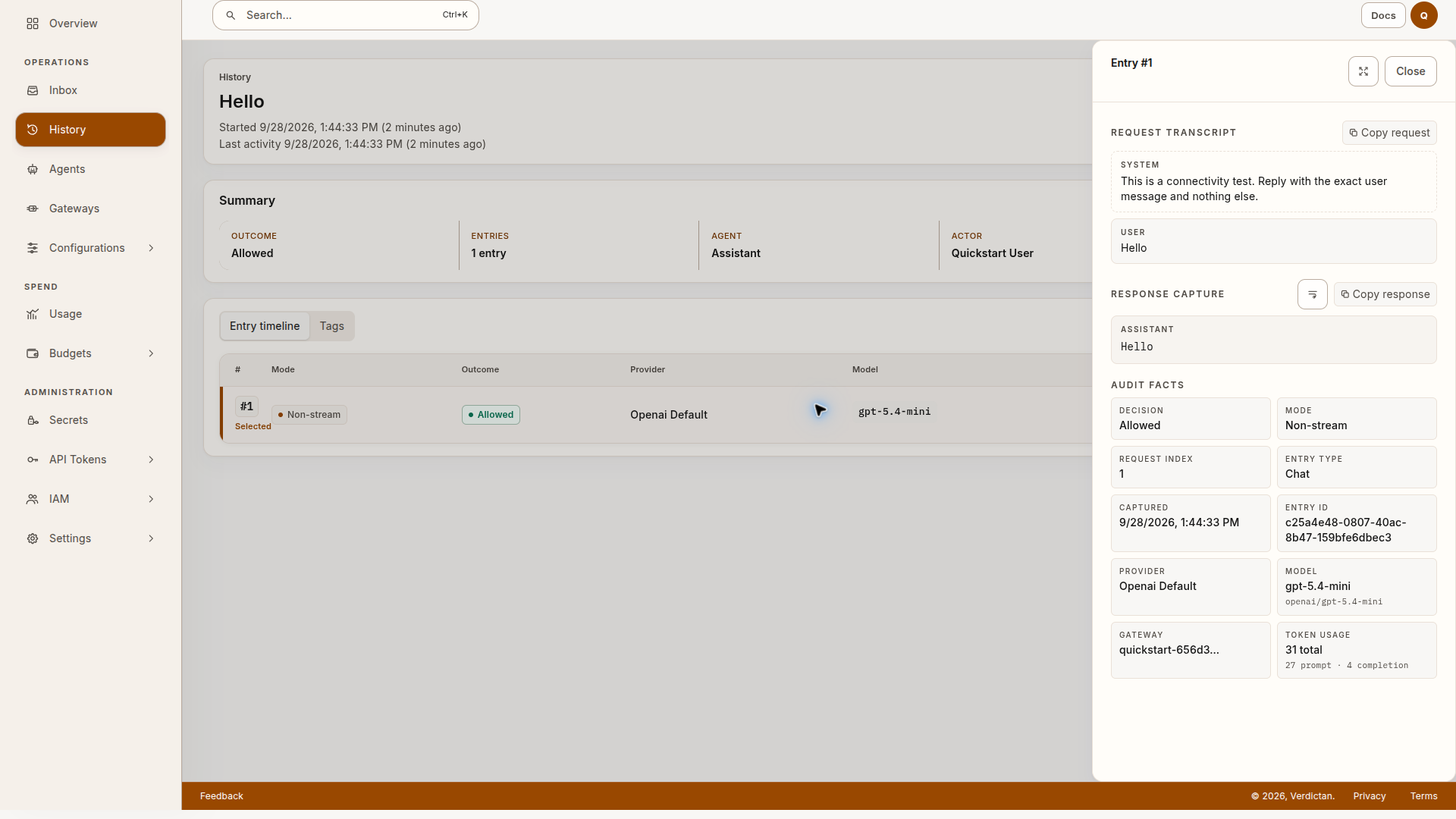 History request details with the model response, an Allowed decision, and token usage.