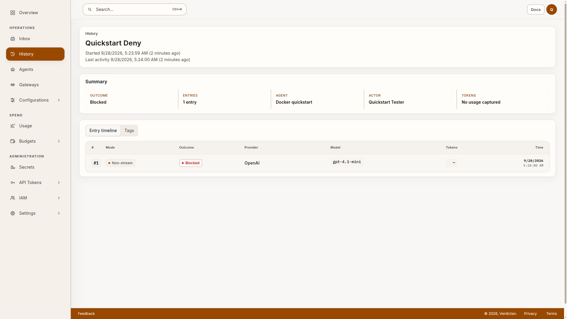 History session named Quickstart Deny with a blocked outcome and no captured token usage.