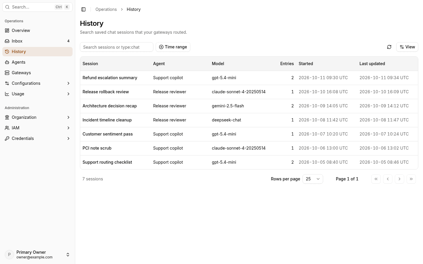 History with a list of saved sessions, each with its agent, model, number of entries, and start and update times.