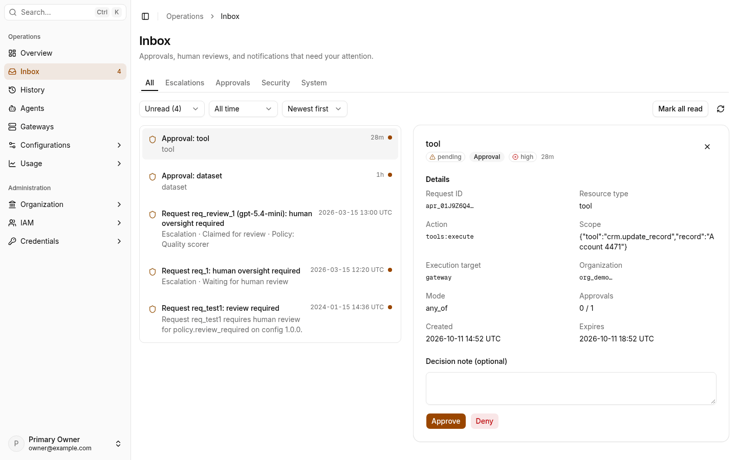 Inbox with the All tab, a pending tool approval selected in the list, and its details with the Approve and Deny buttons in the panel on the right.