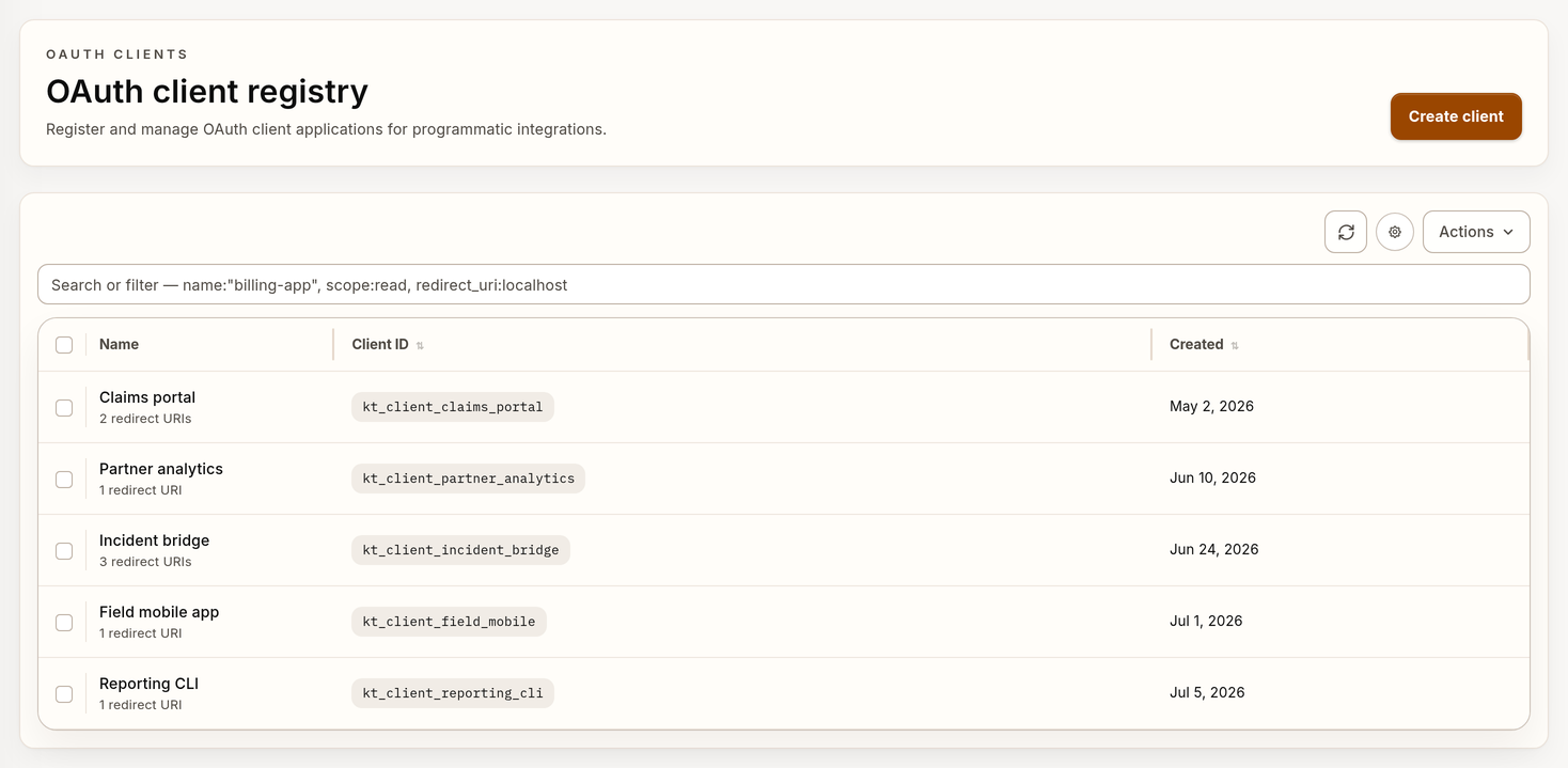 Example OAuth client registry with test data