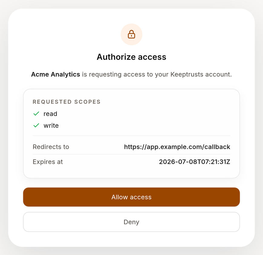 OAuth consent request with an example client, callback URI, and requested scopes
