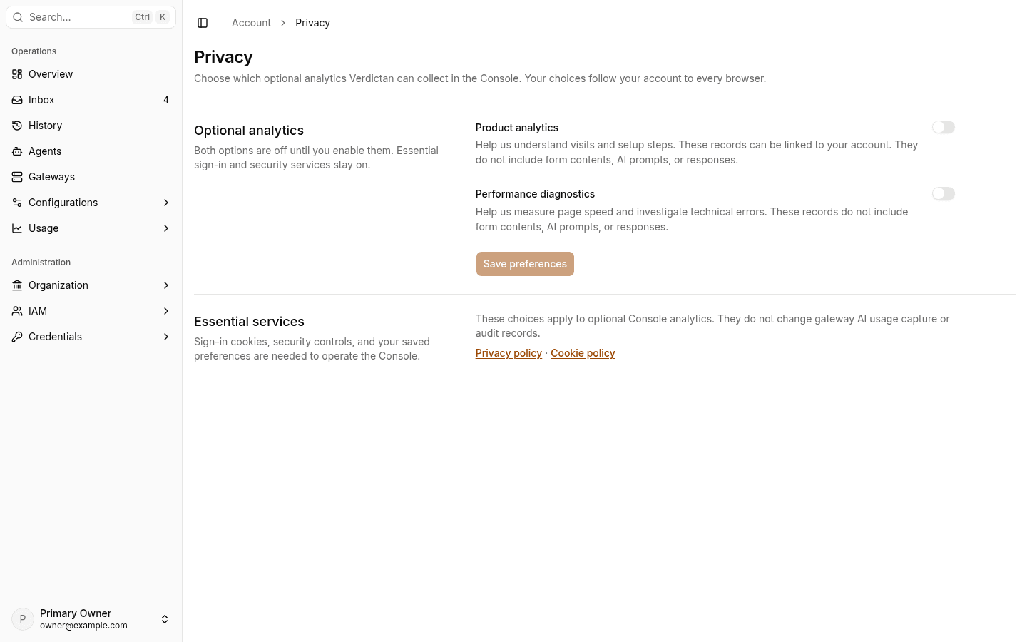 Privacy page with the Product analytics and Performance diagnostics switches, both off, the Save preferences button, and the Essential services section with links to the privacy policy and the cookie policy.