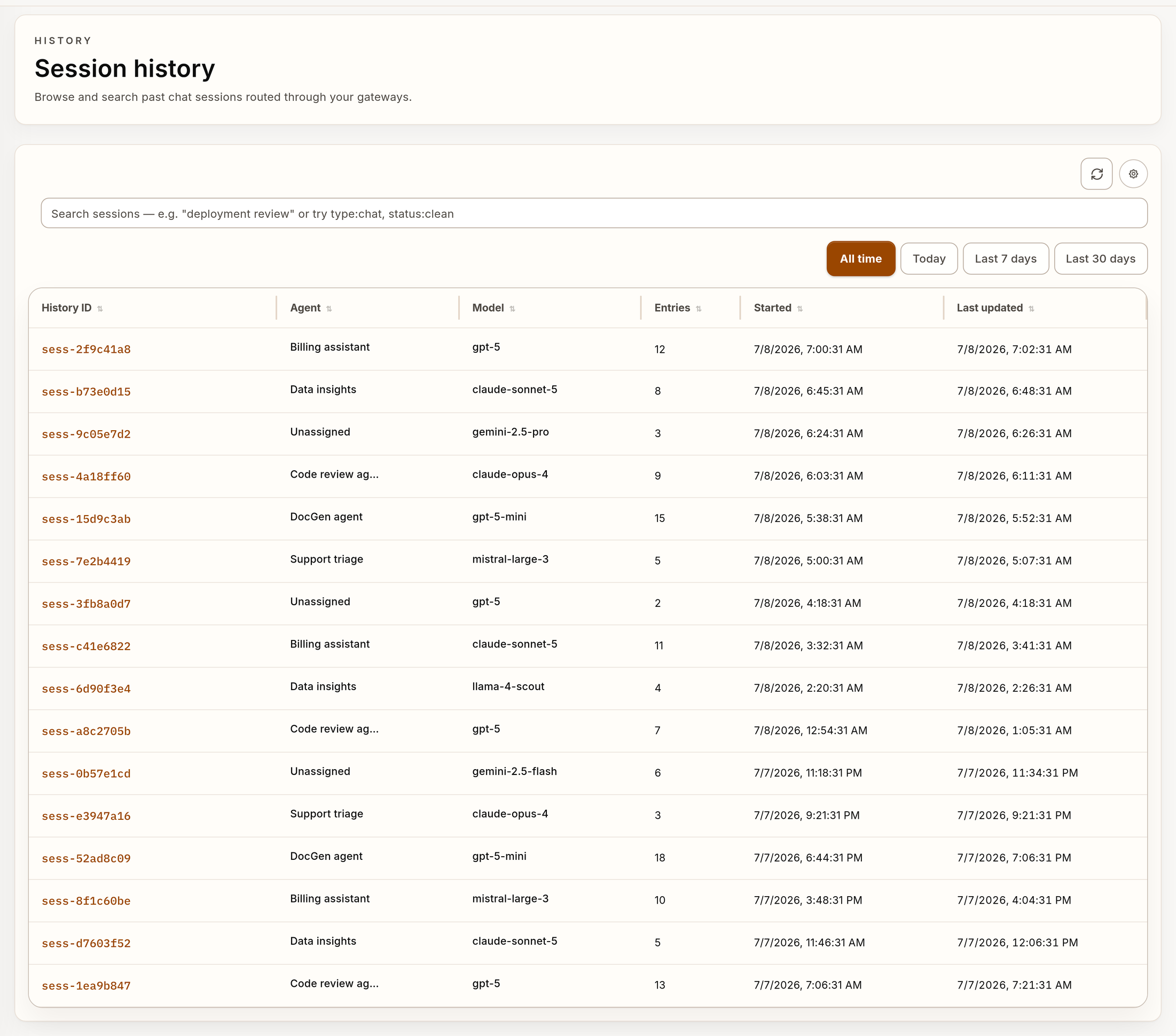 Screenshot of Verdictan session history with agent, model, entry count, start time and update time for each session.